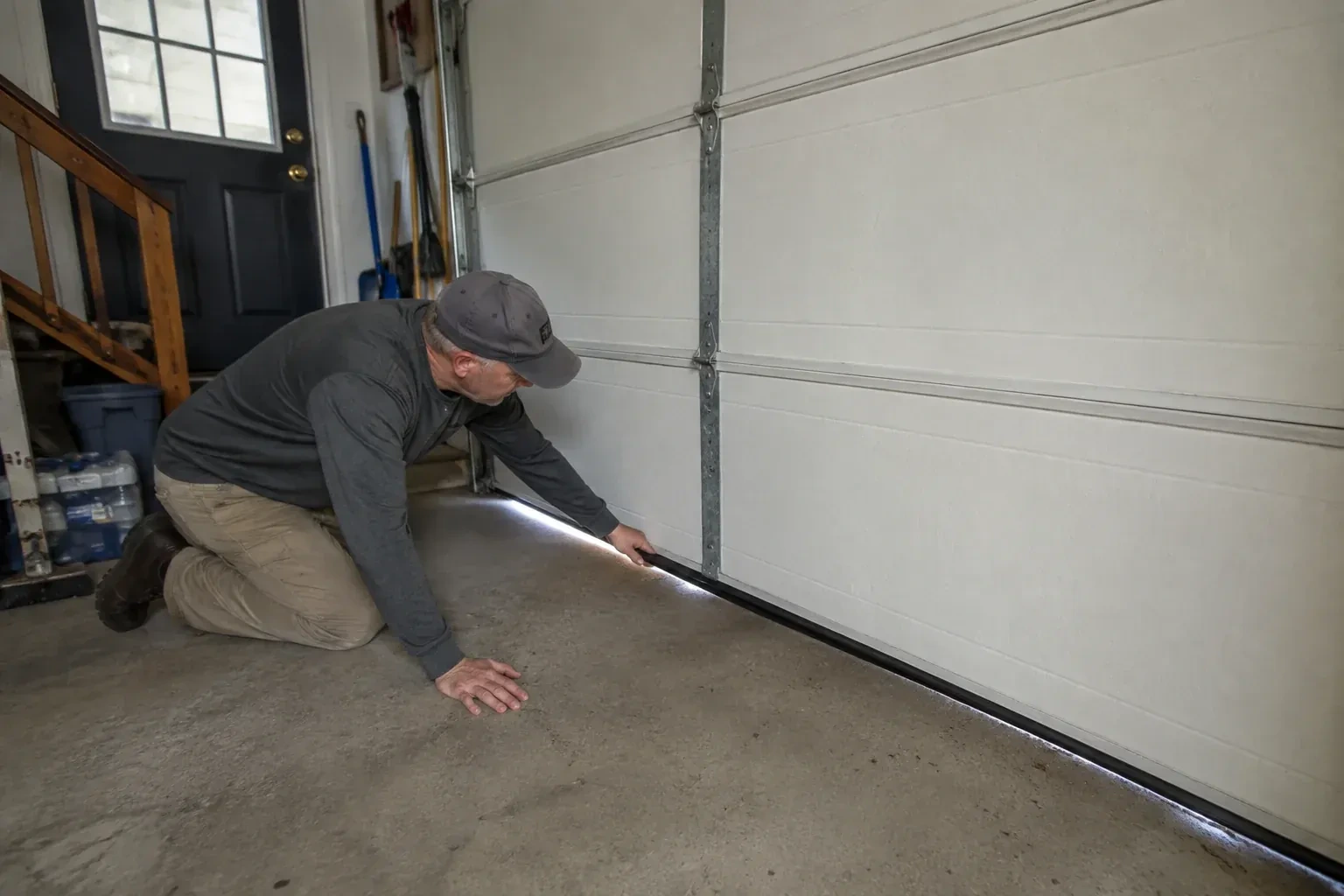 A person kneels beside the black bottom seal of a garage door, with daylight visible beneath the edge. — Garage Door Bottom Seal Replacement, Clarington