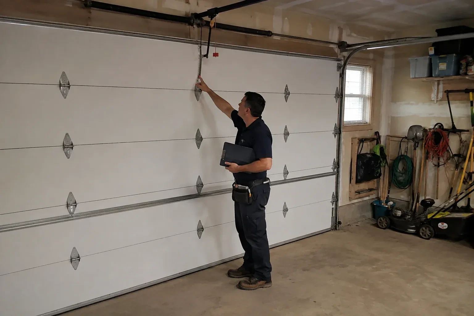 A person holding a clipboard examines the interior hardware of a closed garage door. — Garage Door Tune-Up, Clarington
