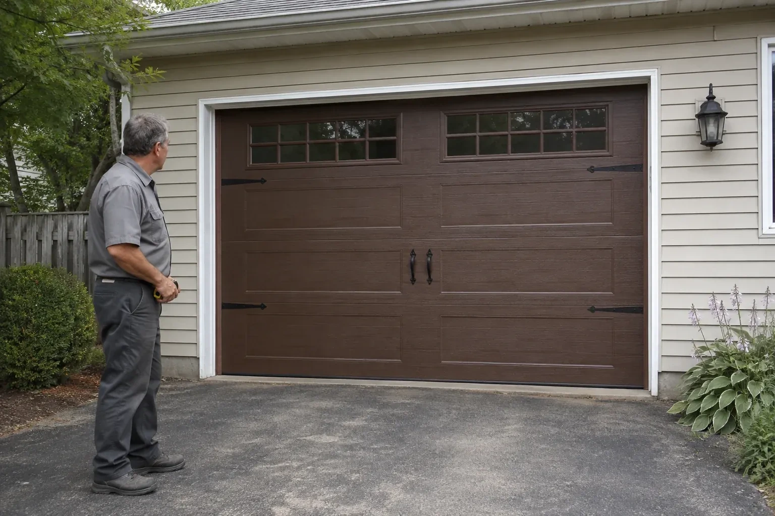 A person stands beside a closed brown garage door with upper windows and black decorative straps and handles. — Carriage-House Garage Door Installation, Clarington