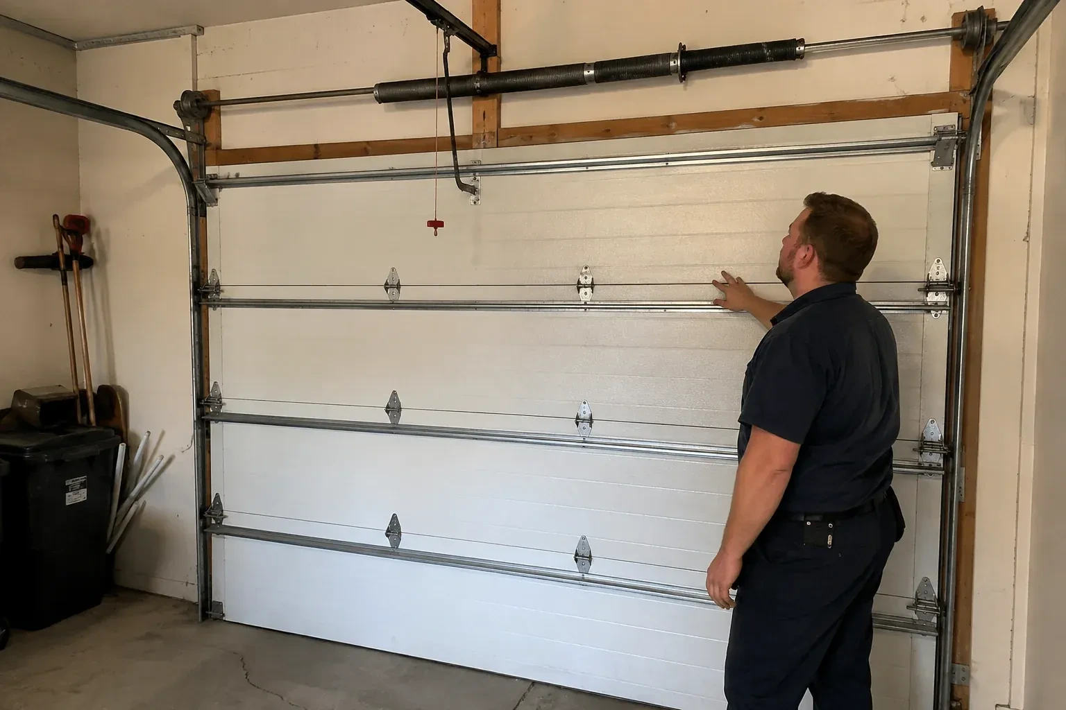 A person stands beside a closed sectional door beneath its overhead spring assembly. — Garage Door Balance Adjustment, Clarington