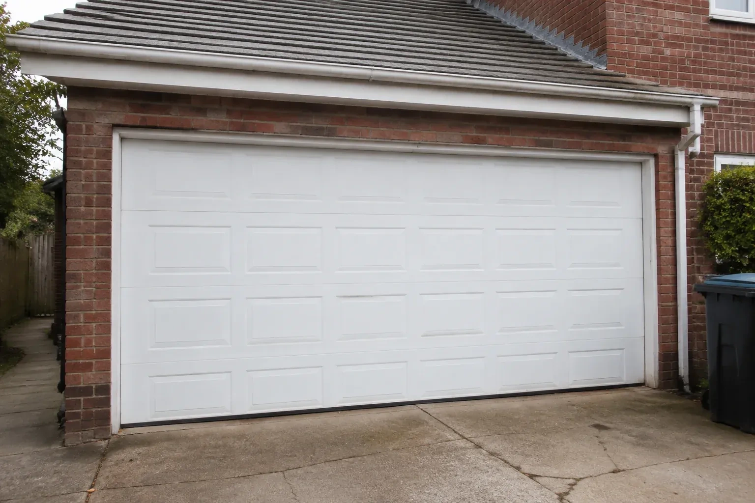 Closed white sectional garage door at an ordinary brick house. — Sectional Garage Door Replacement, Clarington