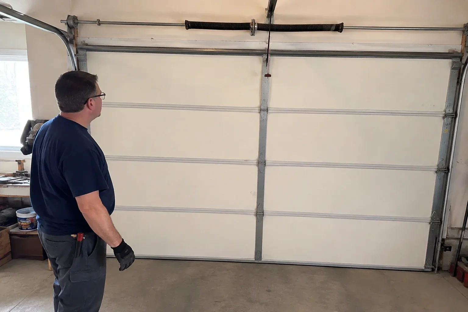 Person in a dark shirt standing before a closed cream sectional door, looking up at a coiled spring and red-tipped cord. — Off-Track Garage Door Reset, Clarington