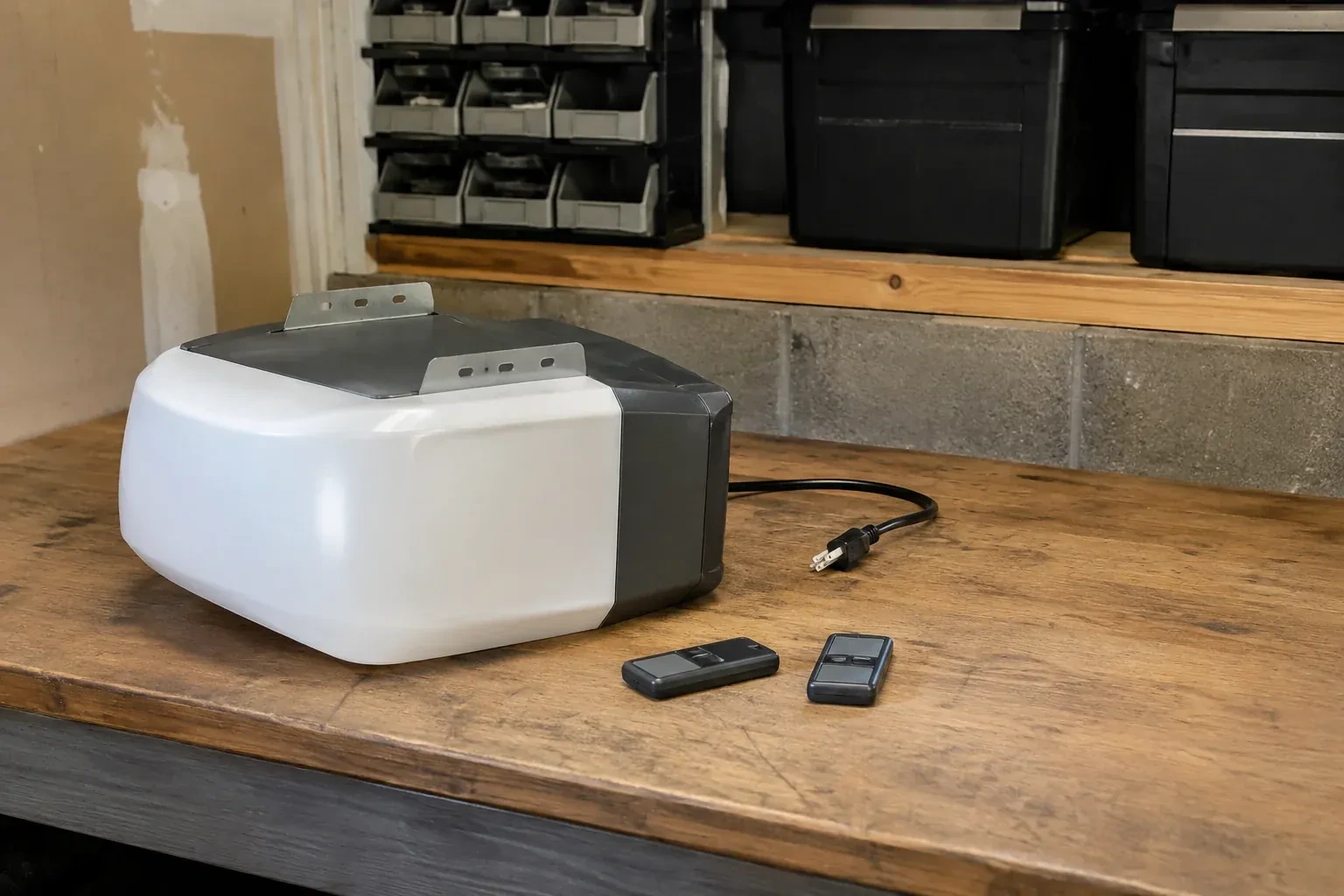 Detached opener housing and two remotes on a garage bench. — Garage Door Opener Replacement, Clarington