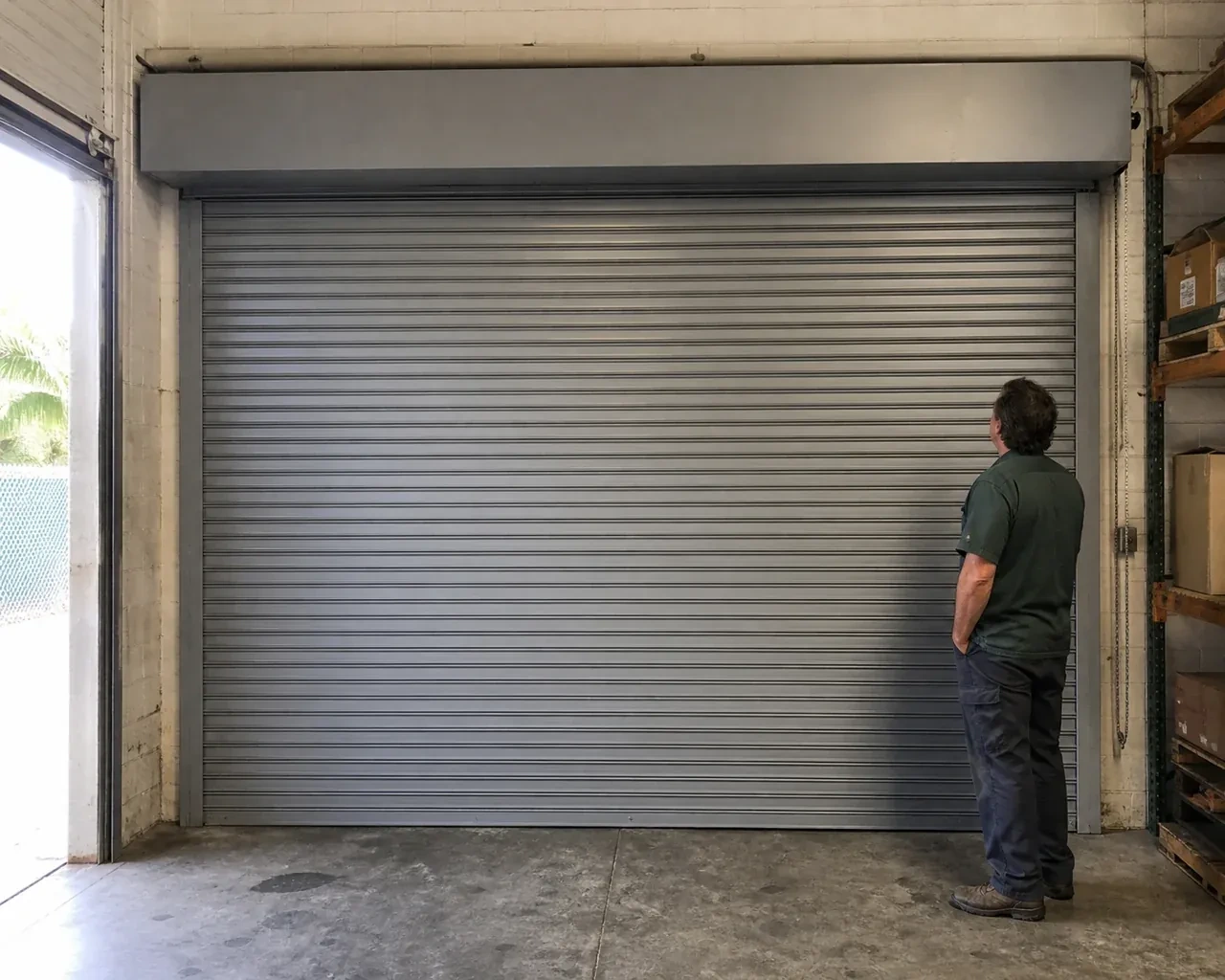 A person examines a closed metal rolling door with narrow horizontal slats, side guides and an overhead hood in a warehouse. — Commercial Rolling Door Repair, Clarington