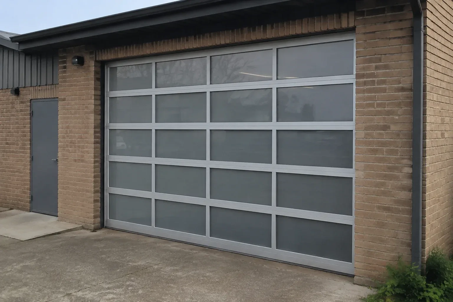 Closed glazed sectional door in a grey metal frame at a brick workshop. — Full-View Glass Garage Door Installation, Clarington