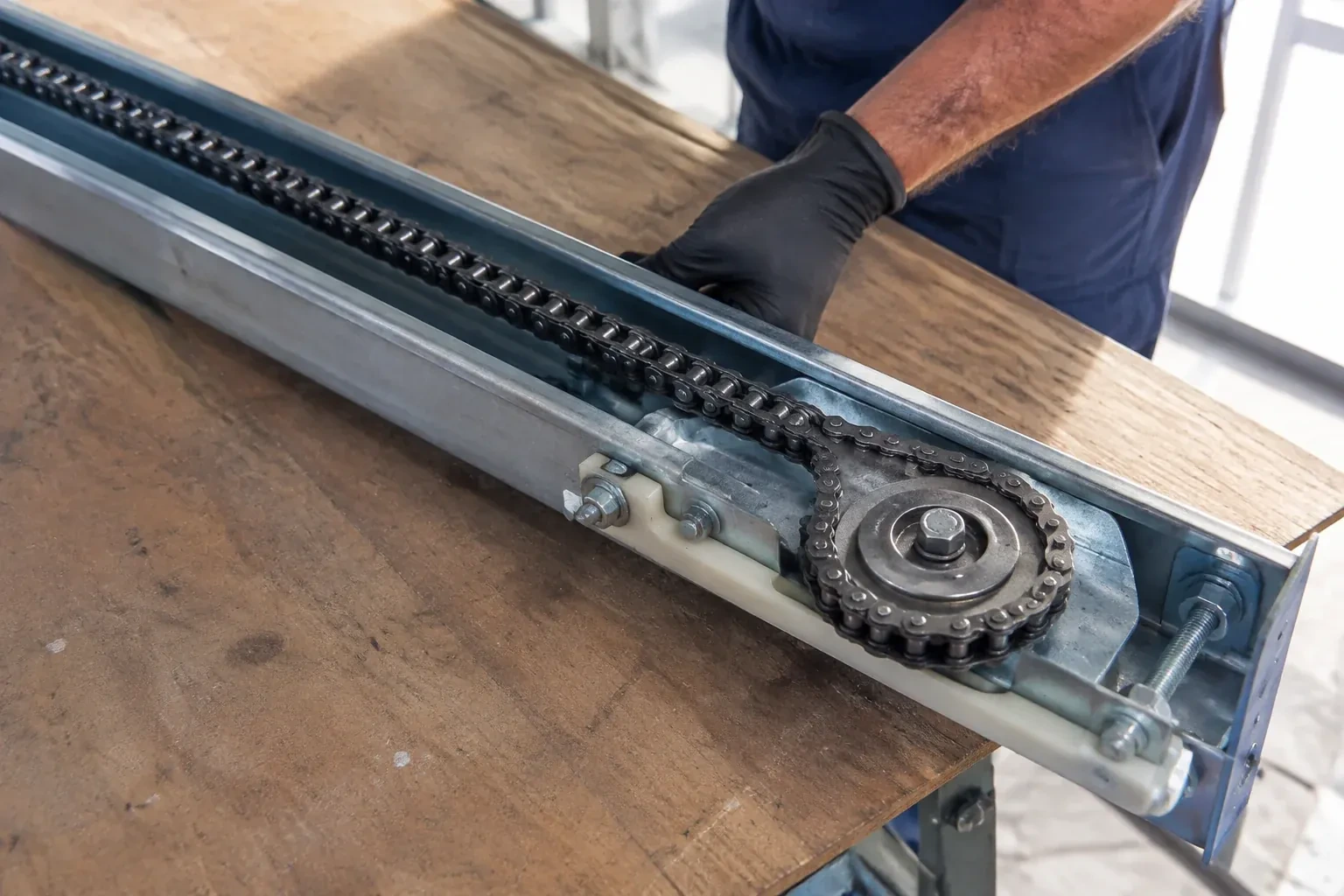 Gloved hand resting on a steel opener rail laid on a wooden bench, showing a drive chain looped around a sprocket wheel. — Chain-Drive Opener Repair, Clarington