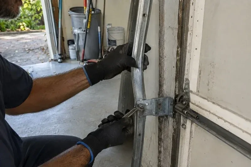 Gloved hands holding a vertical garage-door track and a wrench at its mounting bracket beside a door hinge. — Garage Door Track Repair or Replacement, Clarington