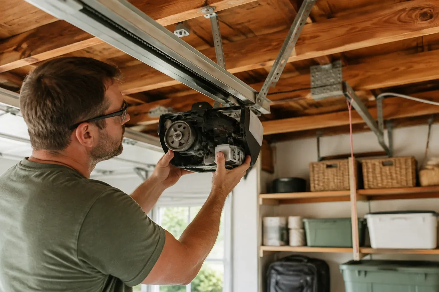 Person in a green shirt and glasses holding an opened opener housing that shows a gear, under wooden ceiling joists. — Belt-Drive Opener Repair, Clarington