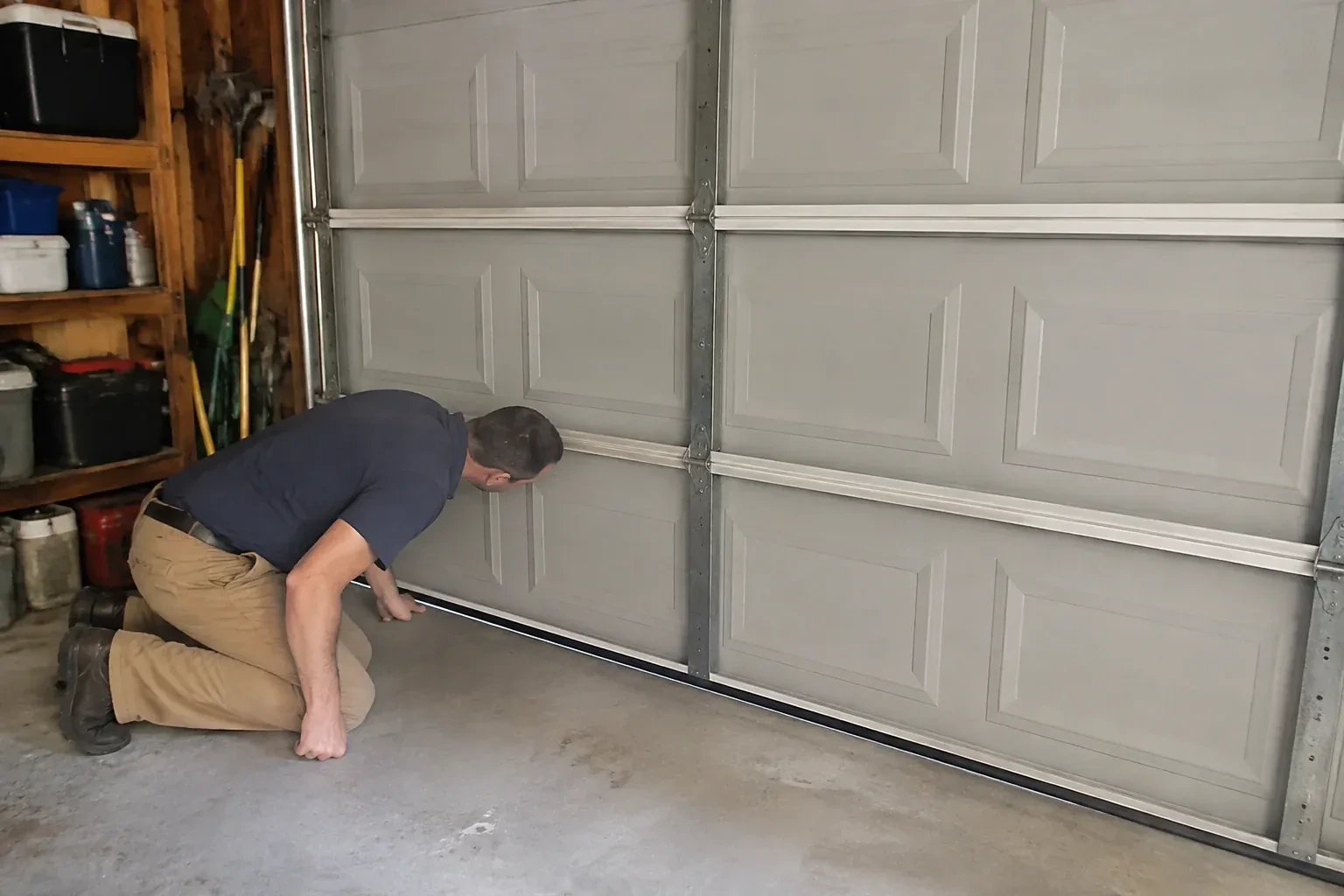 Person kneeling with a hand at the base of a gray paneled door that has a black strip along its bottom. — Garage Door Perimeter Weatherstrip, Clarington