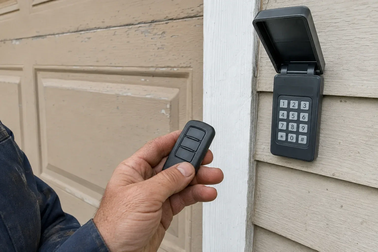 A hand holds a three-button remote beside an exterior garage keypad with its cover open. — Garage Door Remote and Keypad Programming, Orono