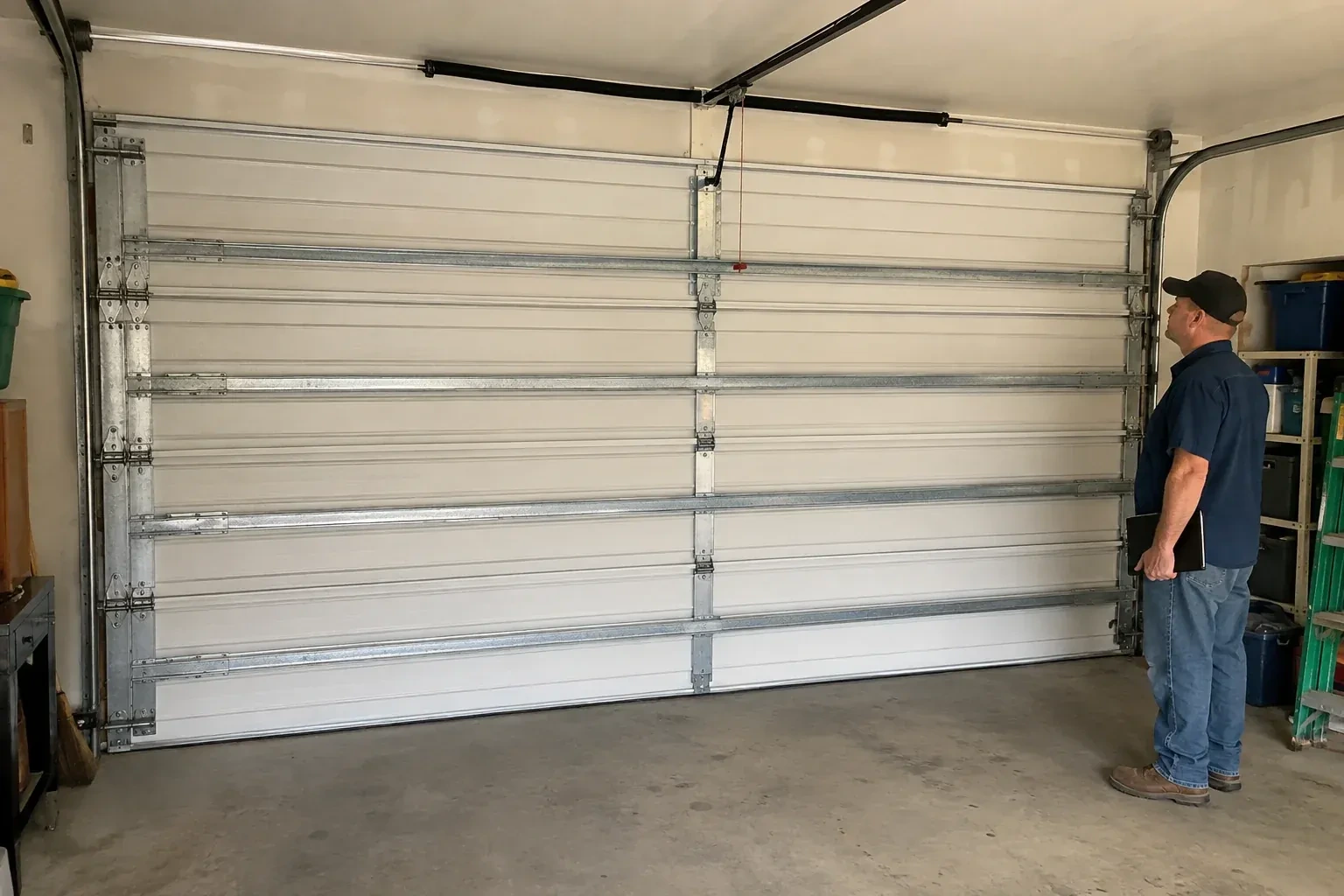 A person examines horizontal metal reinforcement members across the interior of a closed garage door. — Wind-Rated Garage Door Replacement, Clarington