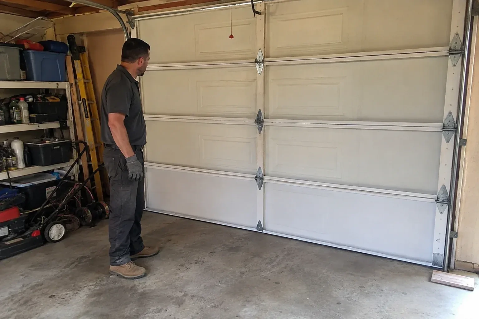 A person examines the interior panels and hinges of a closed sectional garage door. — Garage Door Panel Replacement, Clarington