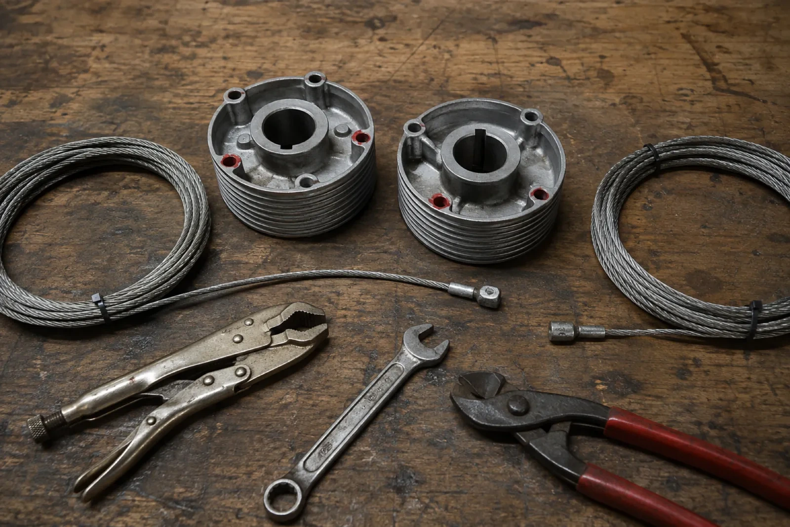 Pair of cast metal cable drums, two coiled steel cables, locking pliers, a combination wrench and red-handled cutters on a wooden bench. — Clarington
