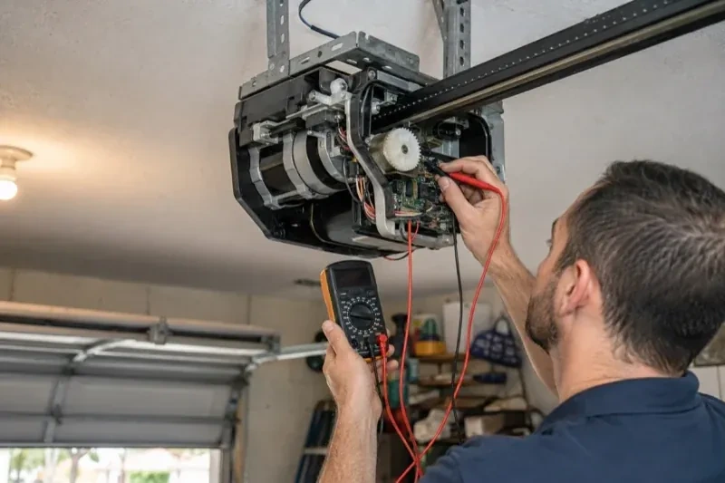 Person holding a multimeter and a red probe near the exposed circuit board of an overhead garage-door opener. — Garage Door Opener Diagnosis and Repair, Clarington