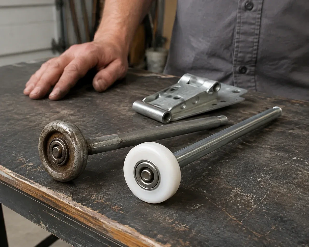 Steel and nylon garage-door rollers with long stems lie beside a detached hinge on a workbench. — Garage Door Roller Replacement, Clarington
