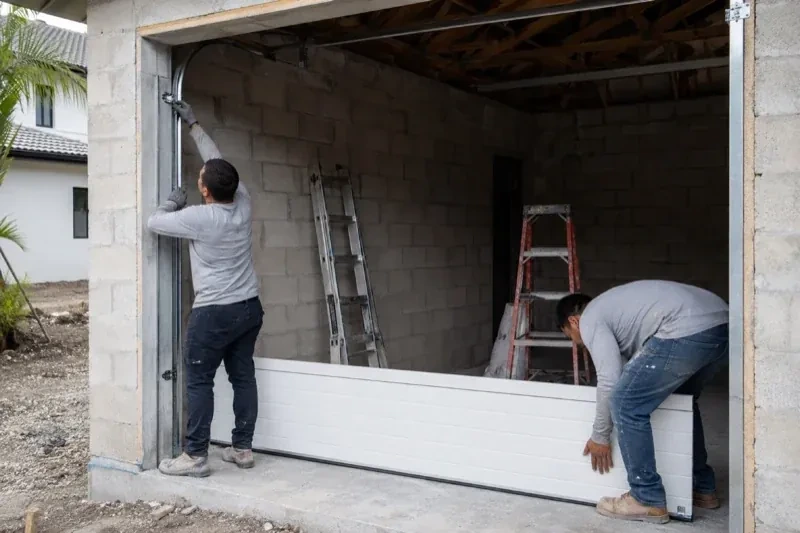 Two people positioning a white garage-door panel and side track in an unfinished masonry garage. — New-Construction Garage Door Installation, Clarington