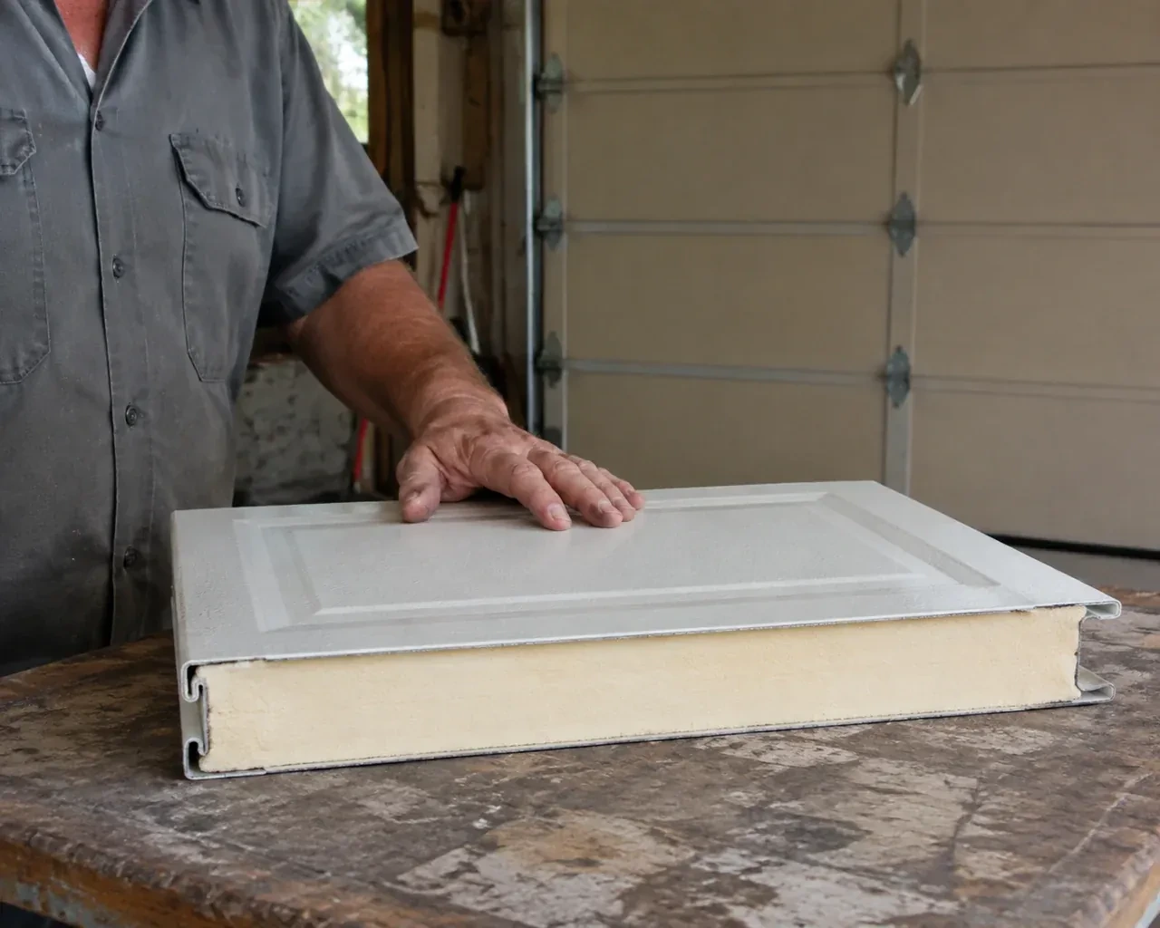 A panel sample exposes a cream foam core between thin metal faces on a garage workbench. — Insulated Steel Garage Door Installation, Clarington