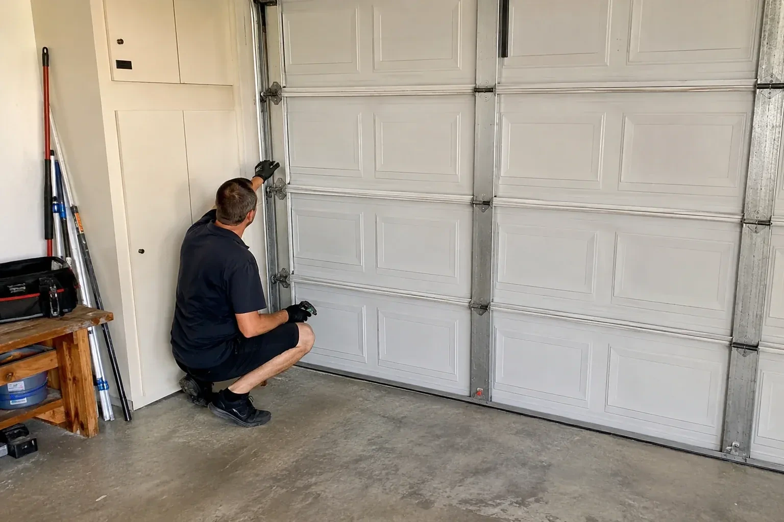 A person kneels beside the side track and hinges of a closed sectional garage door. — Garage Door Safety Inspection, Clarington