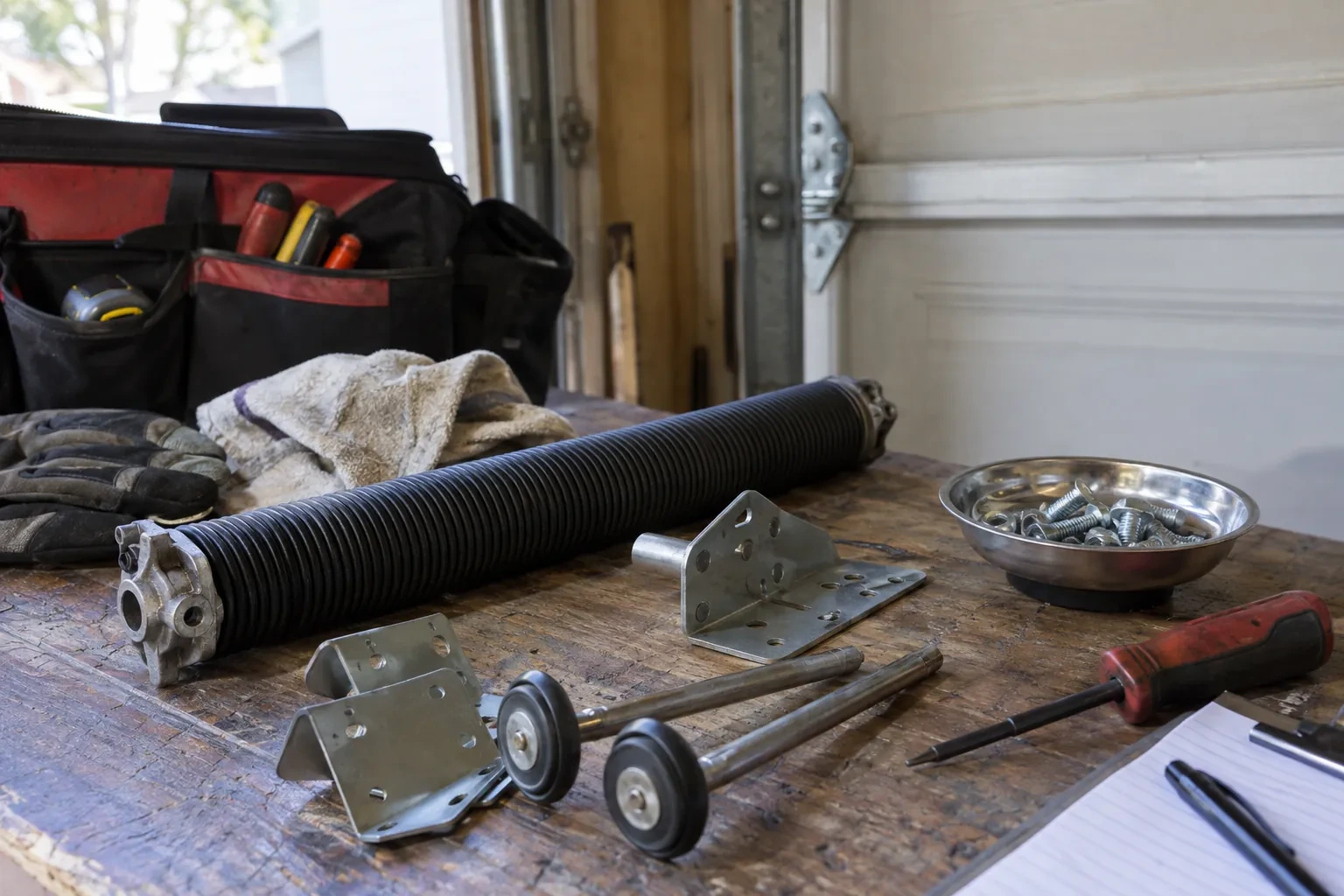 Black coiled torsion spring, two door rollers, metal brackets, a screw dish, gloves and a tool bag on a wooden workbench. — Clarington
