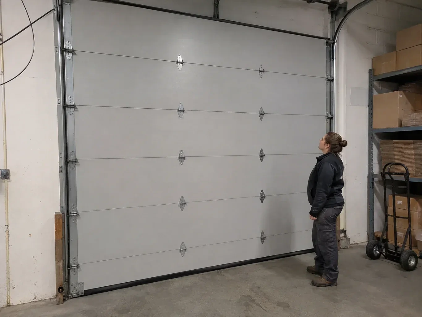 A person looks at a tall closed sectional door with broad panels, hinges and side tracks in a warehouse. — Commercial Sectional Door Repair, Clarington