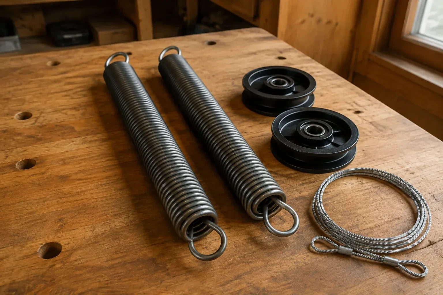 Two coiled extension springs with looped ends, two black pulleys and a loop of steel cable on a worn wooden workbench. — Extension Spring Replacement, Clarington