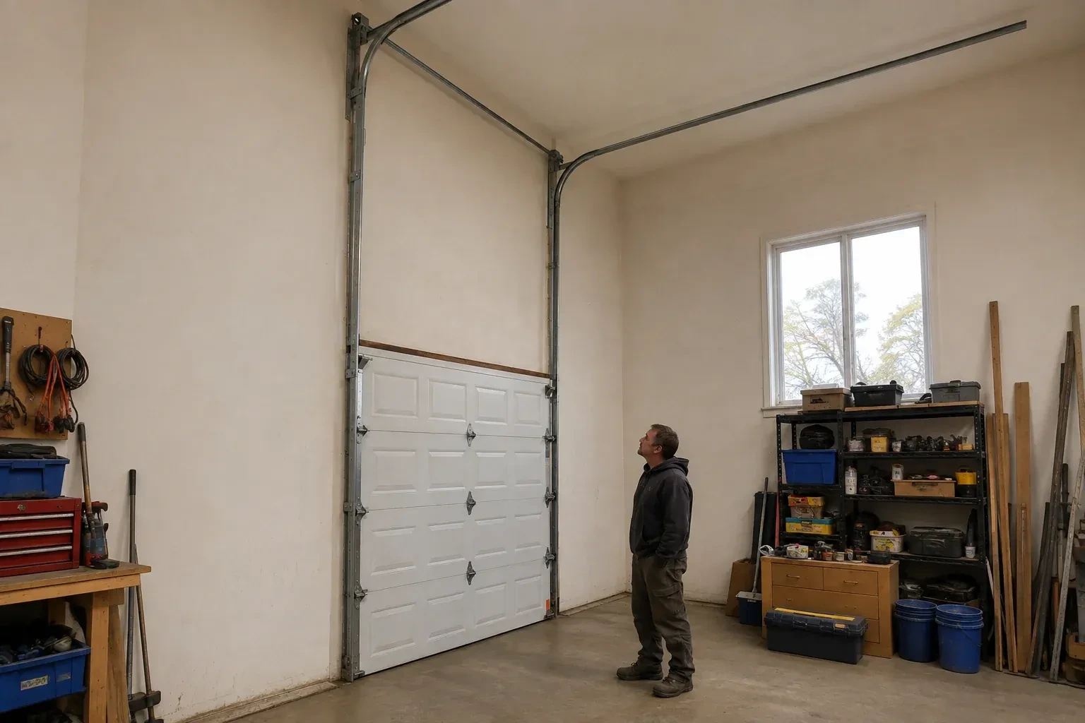 Vertical tracks extend above a closed garage door before curving near a high ceiling, while a person looks upward. — High-Lift Garage Door Conversion, Clarington