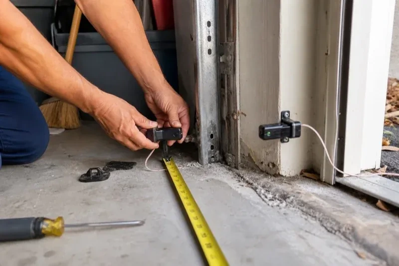 Hands holding a small wired device beside another mounted device and a tape measure at a garage-door opening — Photo-Eye Sensor Alignment or Replacement, Clarington